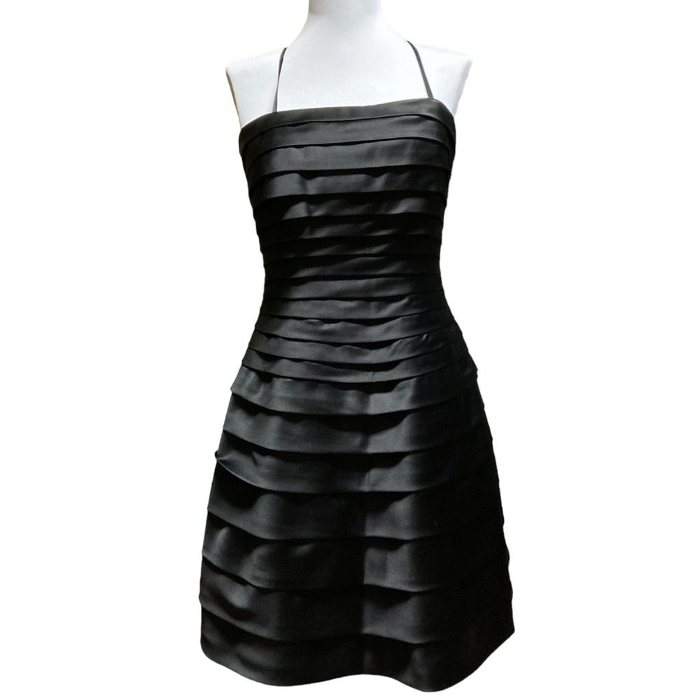 Martha Lynn Black Fitted Boned Tiered Dress Satin Flared Formal Cocktail